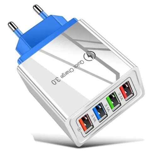 USB Wall Charger/ Adapter - 4 Port Fast Charge Compatible - White & Red - Light blue