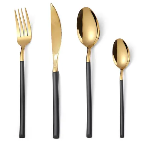 Stainless Steel 16 Piece Cutlery Set with Black Handle - Gold Plated