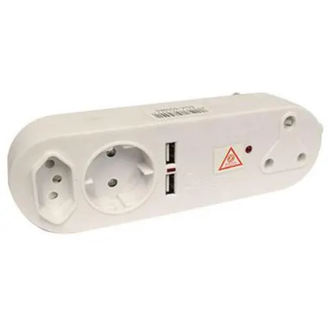 Plug Adaptor - 1 x Euro, 1 x 3 Prong, 1 x schuko, 2 x USB 2.1Amp